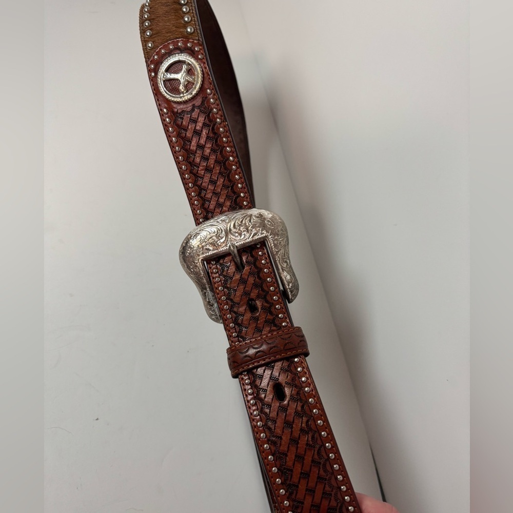 Ranger Belt co Brown Hand Tooled Leather Belt with Silver Buckle